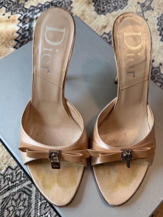 Dior Shoes - Dior Beige Leather Bow Slide Sandals with Padlock Charm